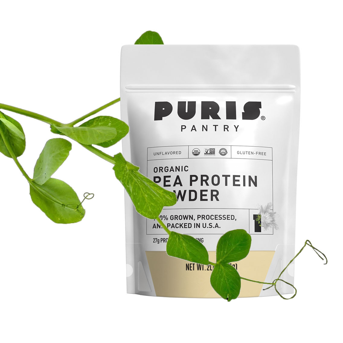 Bag of PURIS pea protein powder with pea tendril touching the bag.