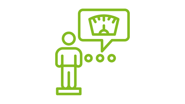 Stick figure stands on weight scale.